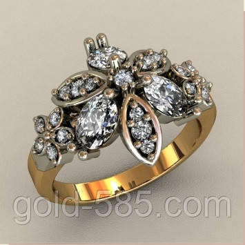 Шикарне комбіноване жіноче золотое кольцо 585* проби з Фіанітами