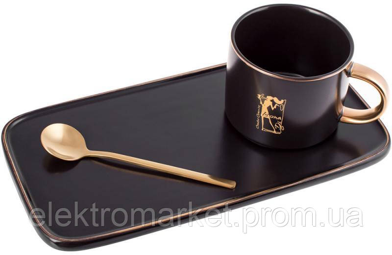 Набор кофейный с тарелкой и ложкой Кофейное утро Black Lisio 200мл DP218640 BonaDi ET, код: 8383669 - фото 1 - id-p2159735635