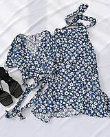Літній яскравий жіночий костюм двійка спідниця на запах і топ в квітковий принт розмір 42-44, 46-48