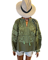 Вышиванка женская "Батько наш Бандера" хаки, льняная вышитая блузка в этно стиле Esq 5675