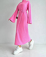 Женское платье макси с длинным рукавом и поясом из ткани плотный рубчик размеры 42-50 Розовый, 48/50