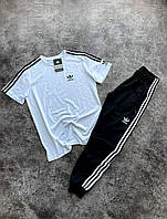 Мужской спортивный костюм Adidas белый с черным хлопковый, Удобный белый спорт костюм Адидас Футболка и Штаны