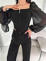 Чорна красива жіноча блузка на блискавці з креп-дайвінгу з шифоновими рукавами ліхтариками