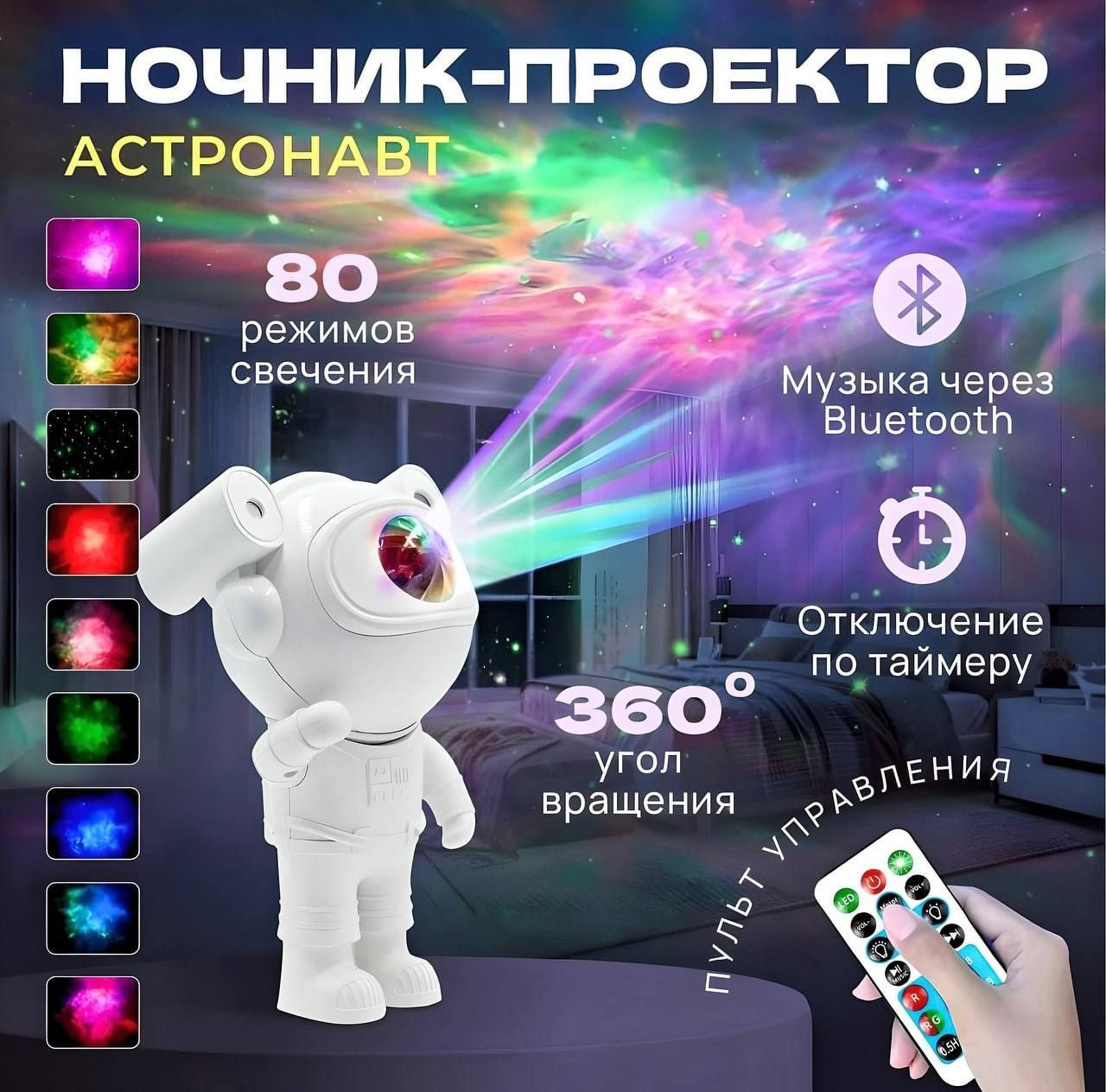 Нічник космонавт, музичний проектор зоряного неба Астронавт з Bluetooth колонкою і пультом, Проектор