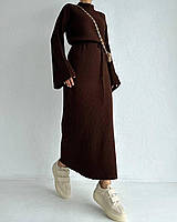 Женское платье макси с длинным рукавом и поясом из ткани плотный рубчик размеры 42-50 Шоколад, 42/46
