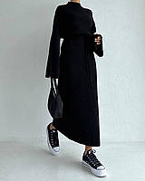 Женское платье макси с длинным рукавом и поясом из ткани плотный рубчик размеры 42-50 Черний, 42/46
