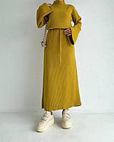 Женское платье макси с длинным рукавом и поясом из ткани плотный рубчик размеры 42-50 Горчица, 42/46
