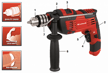 Дриль ударний потужний 1010Вт Einhell TC-ID 1000 E, зубчастий свердлильний патрон, 2 режими роботи