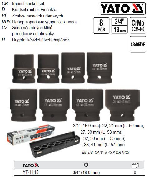 Набір головка торцева ударна глибока 3/4" 22-41 мм l=50-57 мм YATO-1115