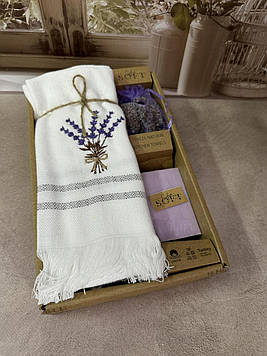 Набір льняних кухонних рушників у подарунковій коробці 40*60 3 шт з вишивкою+мило для рук Nilteks Туреччина