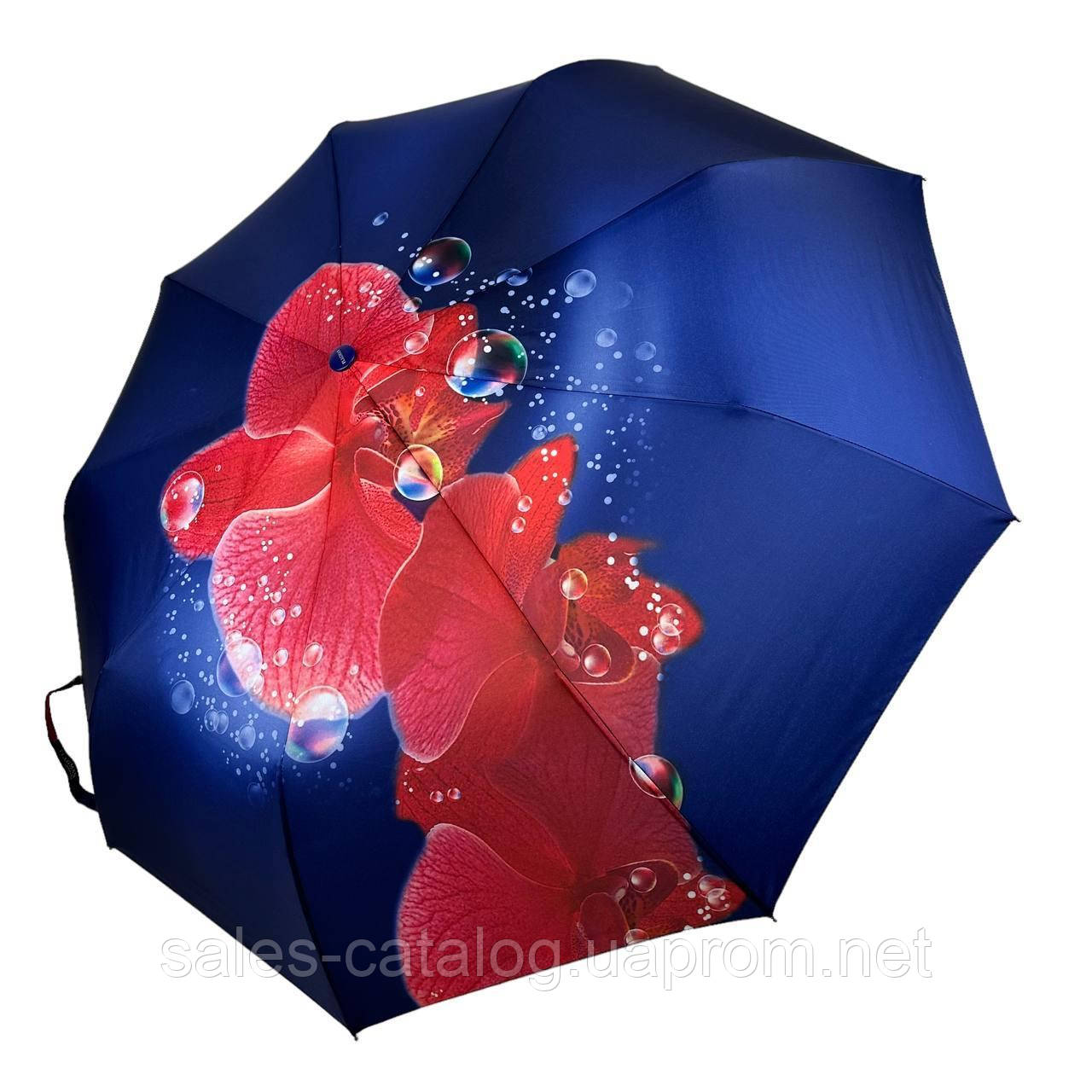 Жіноча парасолька-автомат на 9 спиць від Flagman синій з червоною квіткою N0153-7 SC, код: 8027197