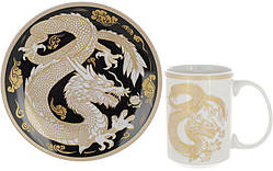 Порцеляновий чайний набір Золотий дракон на чорному кухоль 500 мл тарілка 20 см DP219164 BonaDi KB, код: 8390162