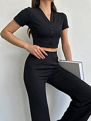 Жіночий базовий літній прогулянковий костюм щільний рубчик кофта на ґудзиках топ прямі штани з високою талією