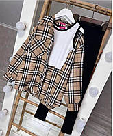 Подростковый весенний костюм-тройка рубашка на пуговицах +майка +лосины размеры 146-164