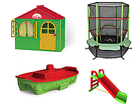 НАБОР Детский пластиковый домик со шторками, детская пластиковая горка, песочница ТМ Doloni и батут 140 см