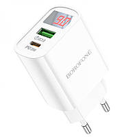 Сетевое зарядное устройство Borofone BA78A Smart ID PD20W QC3.0 LCD White UL, код: 8405388
