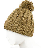 Зимова вовняна шапка об'ємного в'язання з помпоном на флісовій підкладці.Унісекс. Бежево-оливкова