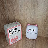 Портативний дитячий принтер котик для фото з телефона Mini Printer Міні принтер для наклеювання кишеньковий Рожевий