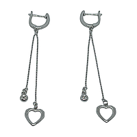 Сережки англійська застібка зі срібла 925 висячі з серцем і цирконами