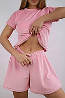 Женская велюровая пижамка футболка и шорты-юбка Розовый, M/L