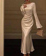 Женское нарядное атласное платье с расклешенными рукавами размеры 42-48