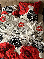 Комплект постільної білизни Бязь Комбі чорного з трояндами та бежевого Полуторний розмір 150х220