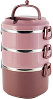 Ланч-бокс трехуровневый пластик и нержавеющая сталь розовый 2400мл Kamille DP112991 UL, код: 7427998
