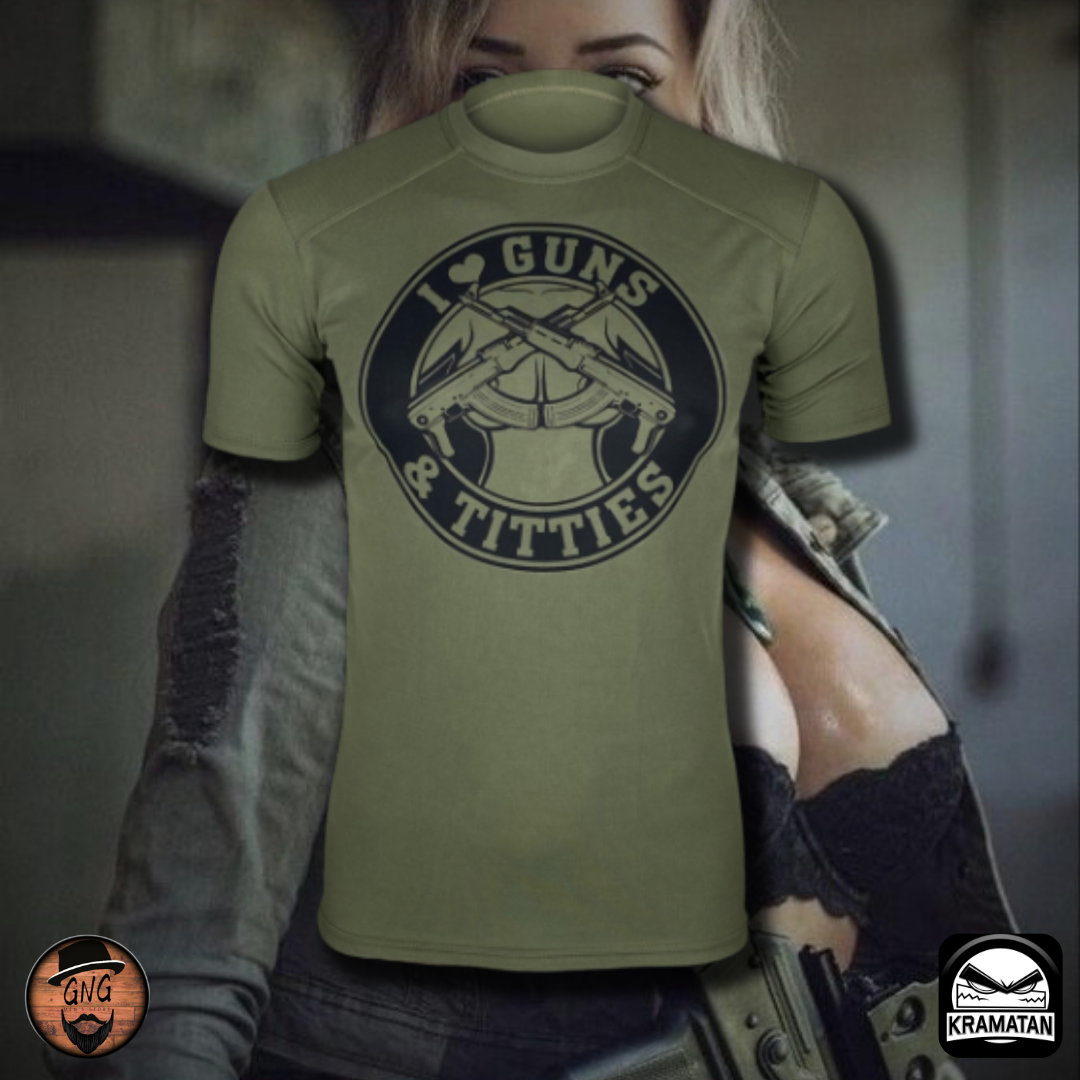 Футболка оливкового кольору I Love Guns & Tittie, чоловічі футболки і майки, тактичний та формений одяг