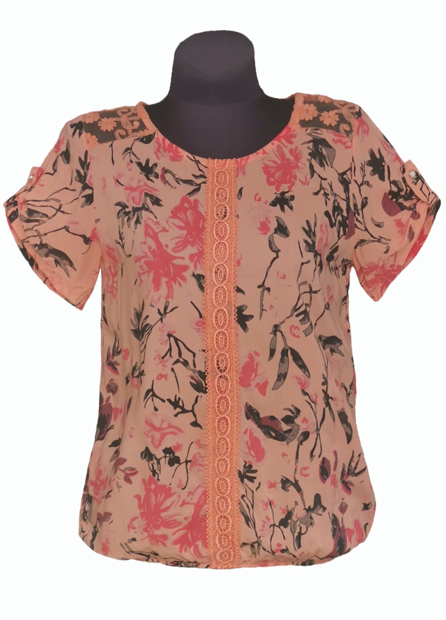 Блузка жіноча літня віскозна з коротким рукавом і мереживом Персиковий Free size, фото 1