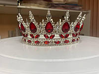 Срібна корона для торту, кругла тіара, діадема (велике каміння червоного кольору)