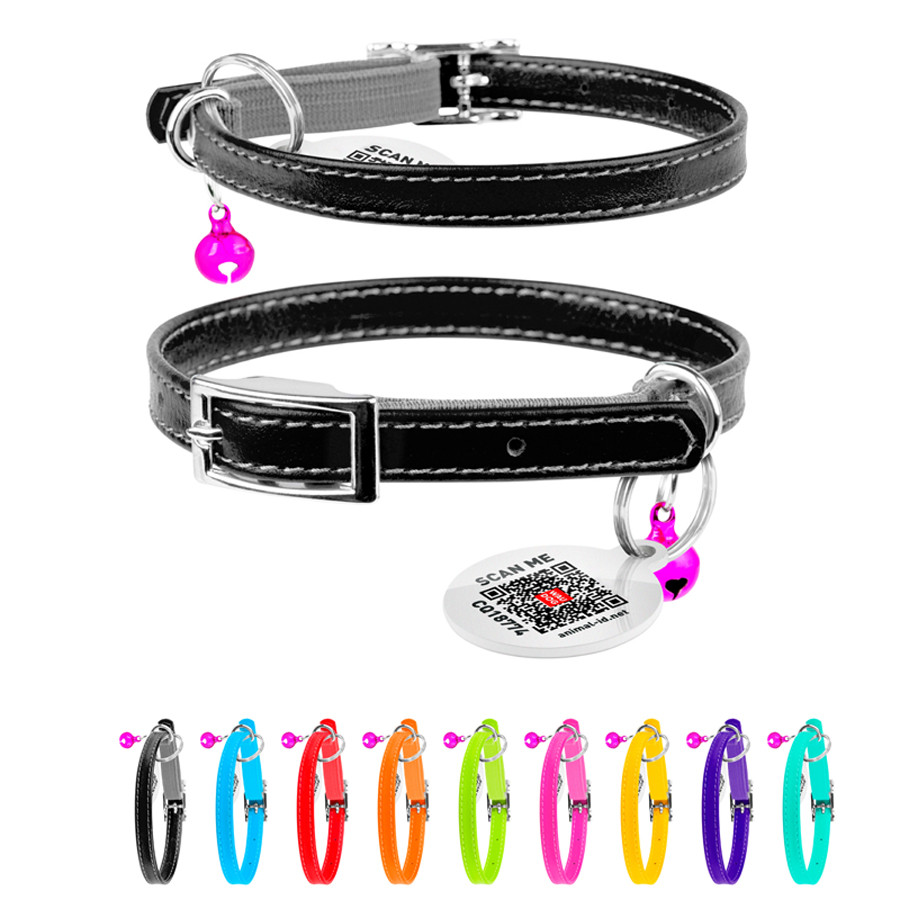 Нашийник для котів шкіряний WAUDOG Glamour з QR-паспортом, без прикрас, Ш 9 мм, Д 22-30 см чорний