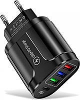 Зарядное устройство сетевое Xiamen 3 USB Type-C Super Charge Quick Charge 3.0 5 V 2,4 A Black NX, код: 8404660