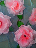Квіти на ручки весільного авто (рожева троянда + блакитний фатин) 4 шт., фото 2