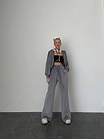Женский велюровый костюм Кофта Оверсайз барби серый беж высокая посадка брюк 46/48, Серый