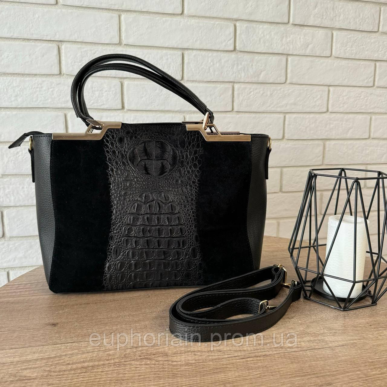 Женская замшевая сумка черная через плечо под рептилию, сумка из натуральной замши черная Отличное качество - фото 3 - id-p2161478632