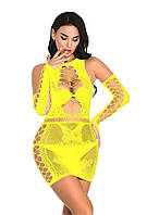Сексуальное платье сетка бодистокинг желтого цвета с перчатками We Love FE, код: 8124513