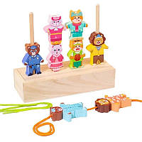 Дерев'яна розвиваюча іграшка Каталка логічна “Модні тваринки” С 62809 шнурівка підставка сортер за кольорами