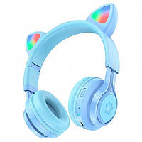 Наушники беспроводные с ушками детские HOCO W39 Cat ear kids с подсветкой RGB голубые DH, код: 8037696