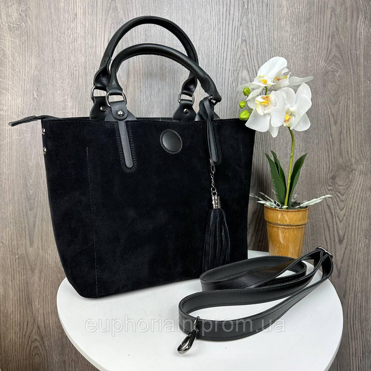 Большая женская замшевая сумка, сумочка натуральная замша черная Отличное качество - фото 2 - id-p2161478638