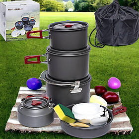 Набір посуду для кемпінгу 9в1 чайник, 3 каструлі, сковорода, тарілки, половник, лопатка, губка в чохлі