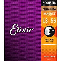 Струны для акустической гитары 6 шт Elixir 16102 Nanoweb Phosphor Bronze Acoustic Medium 13 5 UP, код: 2656554