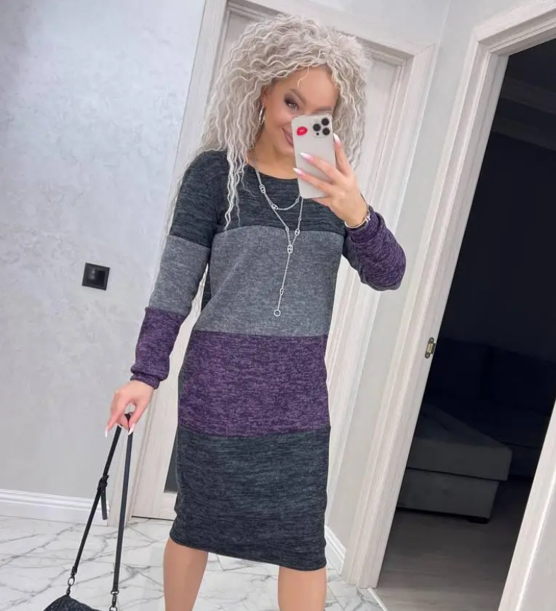 Тепла пряма сукня жіноча з розрізами з боків фіолетова вільна сукня міді в смужку 40-42 розміру, фото 1