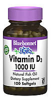 Витамин D3 1000IU Bluebonnet Nutrition 100 желатиновых капсул UT, код: 1844485