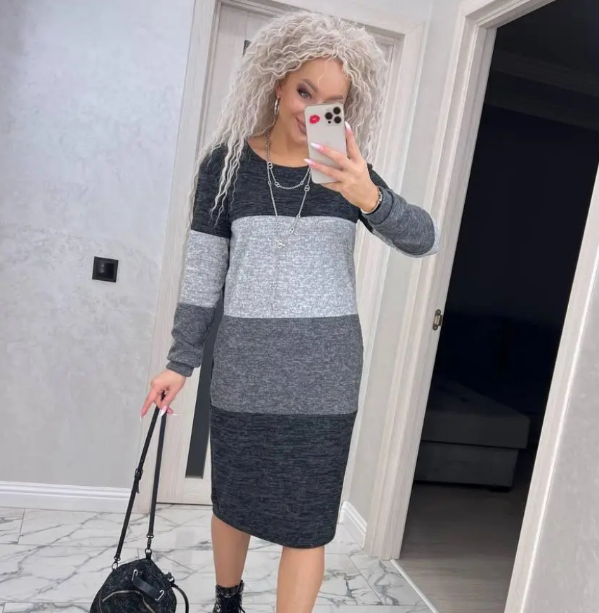 Тепла пряма сукня жіноча сіра анговорова вільна сукня міді в смужку триколірна, фото 1