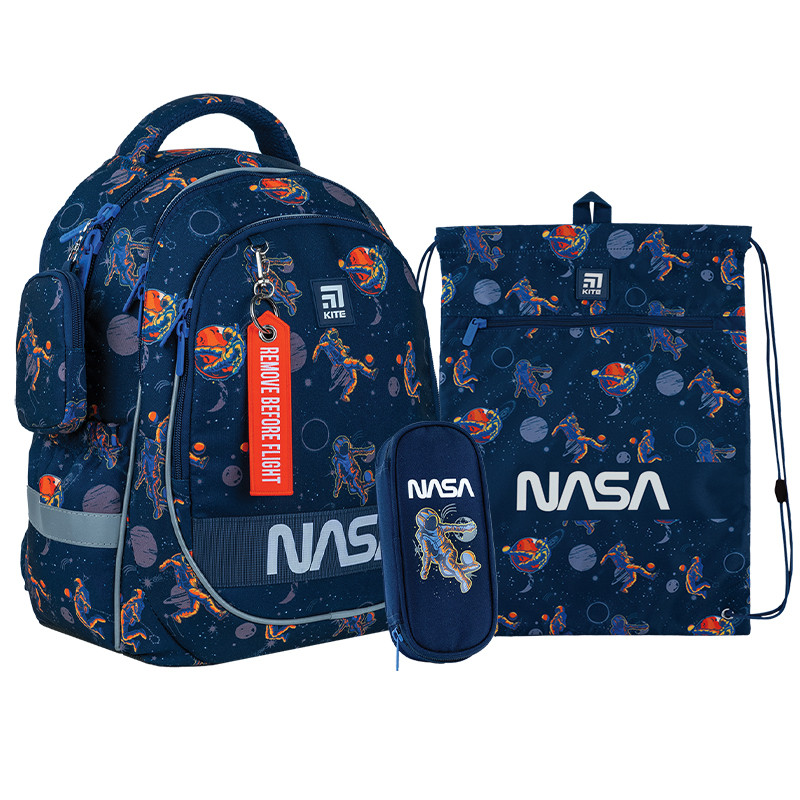 Шкільний набір Kite NASA SET_NS24-700M (рюкзак, пенал, сумка) 38x28x16 см синій