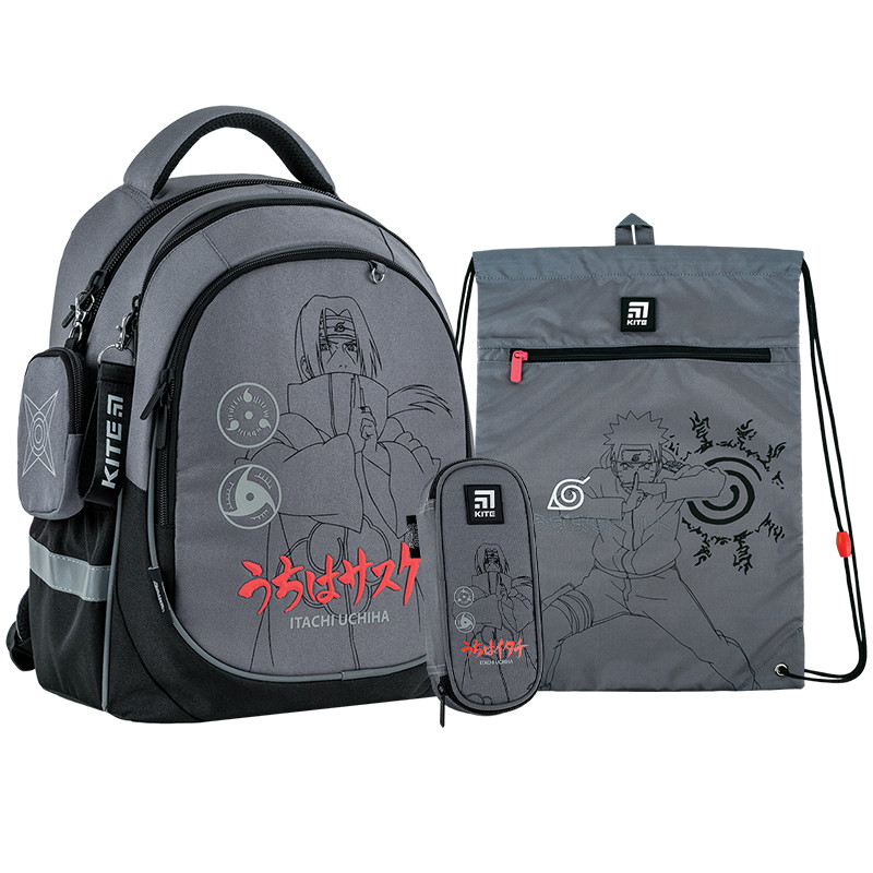Шкільний набір Kite Naruto SET_NR24-700M (рюкзак, пенал, сумка) 38x28x16 см сірий