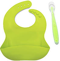 Набор Слюнявчик силиконовый Салатовый + ложка силиконовая для кормления ребенка эргономичная VA, код: 2460118