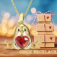 Кулон подвеска на цепочке в виде золотистого Цыпленка с красным камнем сердцем фианитом 2.4 см