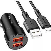 Автомобильное зарядное устройство BOROFONE Wisdom 2xUSB-A 2.4A 12 W с кабелем Lightning 1 м Black (BZ19)