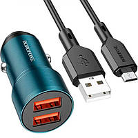 Автомобильное зарядное устройство BOROFONE Wisdom 2xUSB-A 2.4A 12 W с кабелем Micro-USB 1 м Blue (BZ19)